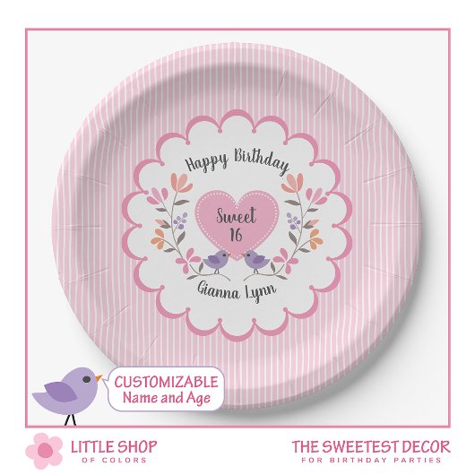 カスタマイズ可能なピンクの花のスイート16の誕生日パーティー ペーパープレート