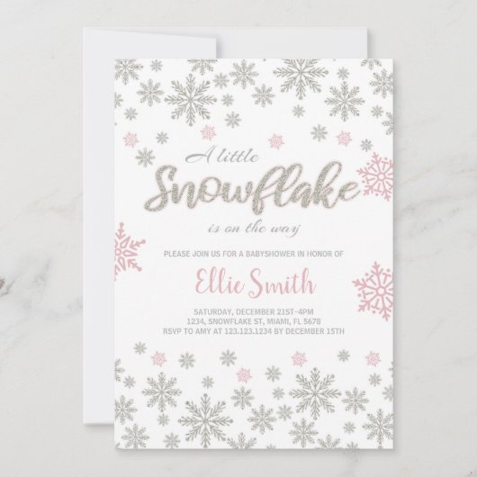 カスタマイズ可能なピンクの銀冬の赤ちゃんシャワー 招待状 (正面)