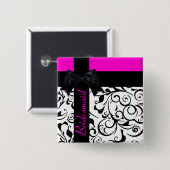 カスタマイズ可能なピンクの黒のダマスクのブリドメイドピン 缶バッジ (正面&裏面)