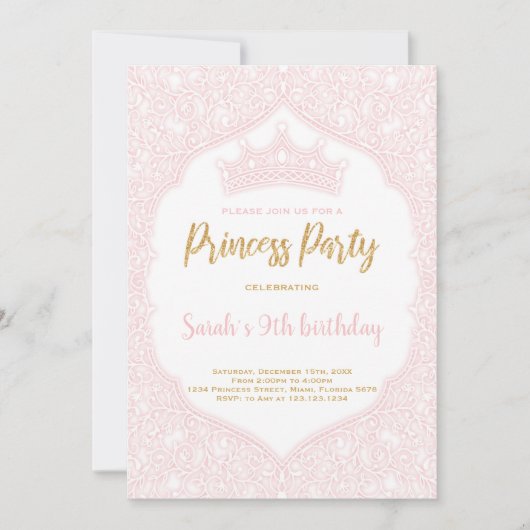 カスタマイズ可能なピンククラウンプリンセス誕生日 招待状 (正面)