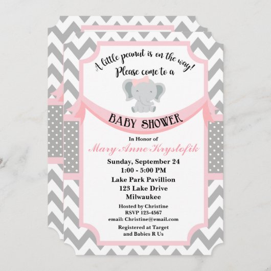 カスタマイズ可能なピンクグレーベビーガールシャワー招待状 招待状 (正面/裏面)