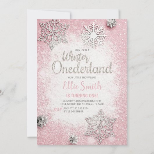 カスタマイズ可能なピンクシルバーグリッターウィンターオネダーランド 招待状 (正面)