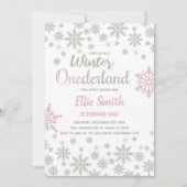 カスタマイズ可能なピンクシルバースノーフレークウィンター誕生日 招待状 (正面)