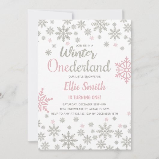 カスタマイズ可能なピンクシルバースノーフレークウィンター誕生日 招待状 (正面)