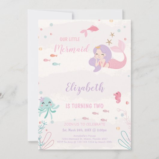 カスタマイズ可能なピンクマーメイド誕生日 招待状 (正面)