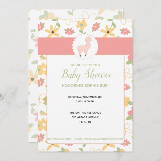 カスタマイズ可能なピンクリトルラマベビーシャワー招待状 招待状 (正面/裏面)