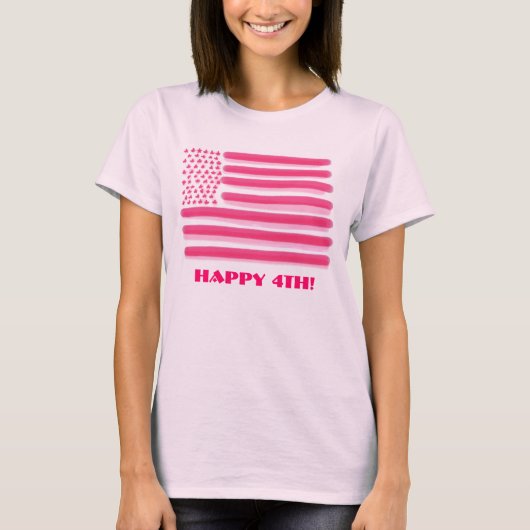 カスタマイズ可能なピンクレディース4thアメリカ国旗のティー tシャツ (正面)