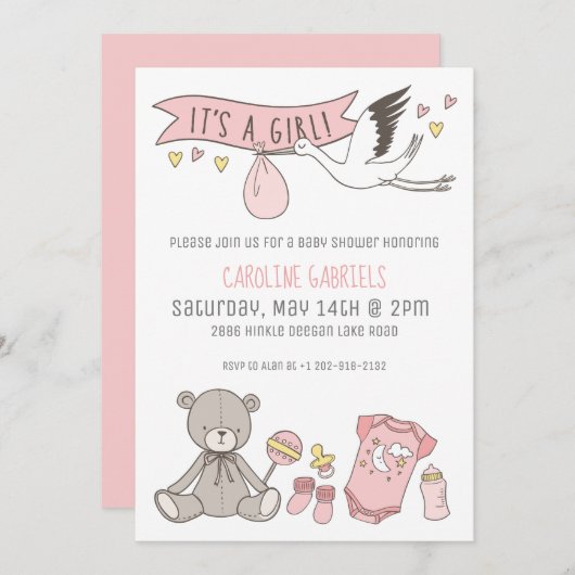 カスタマイズ可能なピンク少女ベビーシャワー 招待状 (正面/裏面)