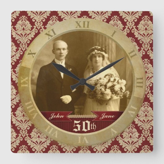 カスタマイズ可能なフォトクロック赤いダマスクローマ数字 スクエア壁時計 (正面)