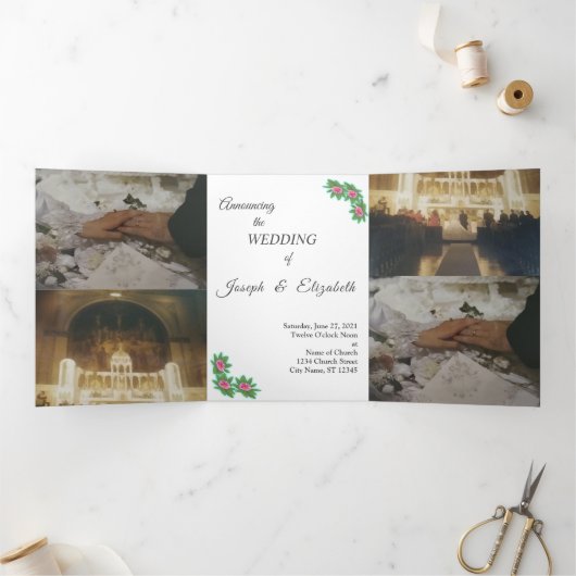 カスタマイズ可能なフォトフローラ結婚式招待状 三つ折り招待状 (内部)