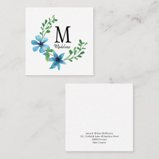 カスタマイズ可能なフローラかわいらしモノグラム青い花 スクエア名刺 (正面/裏面)