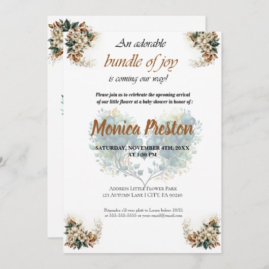 カスタマイズ可能なフローラベビーシャワー招待状 招待状 (正面/裏面)