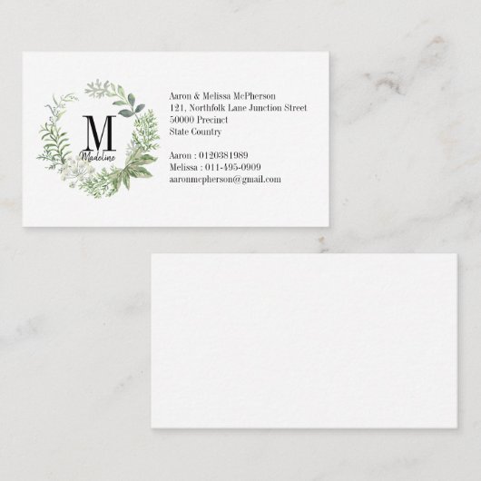 カスタマイズ可能なフローラモノグラムの緑の葉 名刺 (正面/裏面)