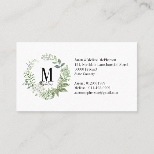 カスタマイズ可能なフローラモノグラムの緑の葉 名刺 (正面)