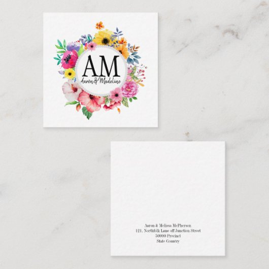 カスタマイズ可能なフローラモノグラムカラフルブーケ スクエア名刺 (正面/裏面)