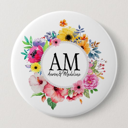 カスタマイズ可能なフローラモノグラムカラフルブーケ 缶バッジ (正面)