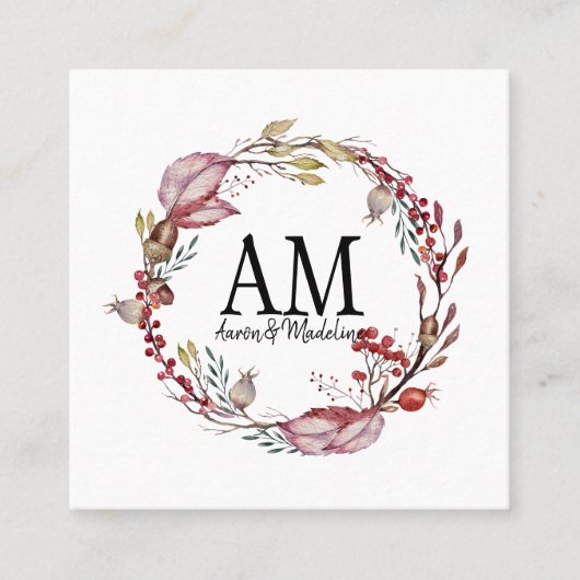 カスタマイズ可能なフローラモノグラムフレーム紅葉 スクエア名刺 (正面)