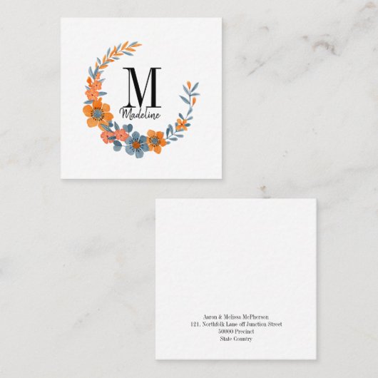 カスタマイズ可能なフローラモノグラム秋オレンジ色の花 スクエア名刺 (正面/裏面)
