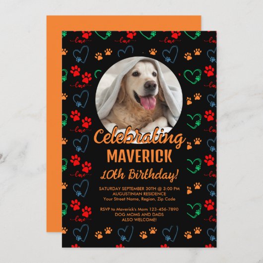 カスタマイズ可能なブラックオレンジドッグ誕生日パーティー 招待状 (正面/裏面)