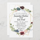 カスタマイズ可能なブルゴーニュ赤ちゃんブルー結婚フラワー 招待状 (正面/裏面)