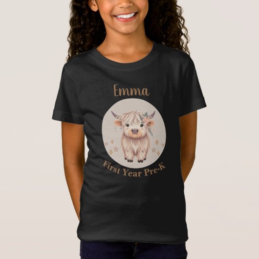 カスタマイズ可能なプレKの最初の年のかわいいハイランドカウ Tシャツ (正面)