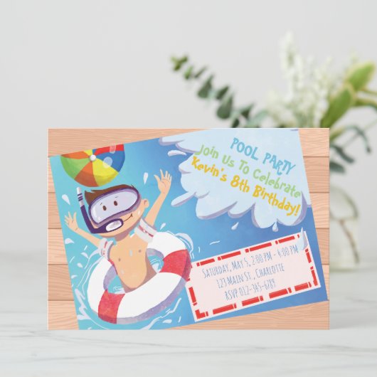 カスタマイズ可能なプールパーティー誕生日招待状。 招待状 (スタンド正面)