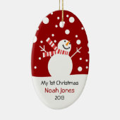 カスタマイズ可能なベビーの初めてのクリスマスの雪だるま セラミックオーナメント (右)