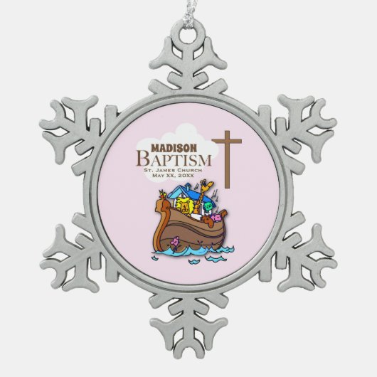 カスタマイズ可能なベビーガールバプティスノアの箱舟 スノーフレークピューターオーナメント (正面)