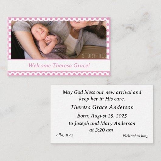 カスタマイズ可能なベビーガール誕生のお知らせ コーリングカード (正面/裏面)