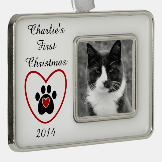 カスタマイズ可能なペットの初めてのクリスマス シルバープレートフレームオーナメント (右)