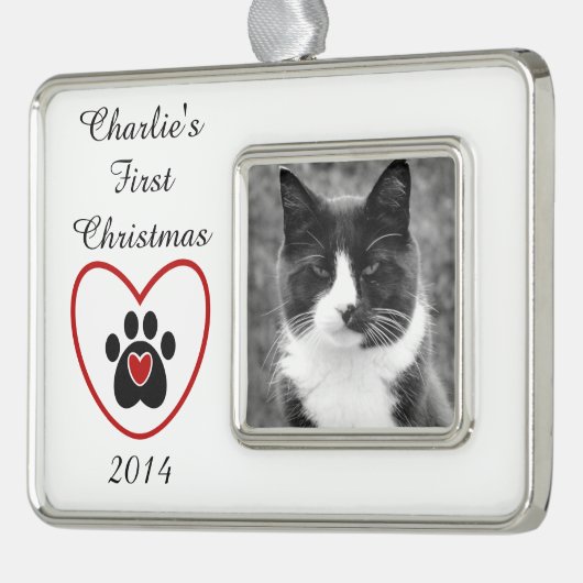 カスタマイズ可能なペットの初めてのクリスマス シルバープレートフレームオーナメント (左)