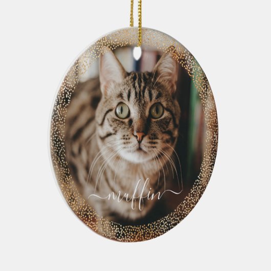 カスタマイズ可能なペットキャットフォト金ゴールドグリッタークリスマス セラミックオーナメント (右)