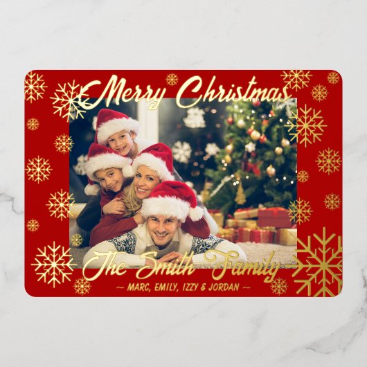 カスタマイズ可能なホイルスノーフレークのクリスマスカードレッド 箔シーズンカード (正面)