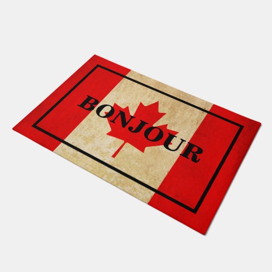 カスタマイズ可能なボンジュール文字オンカナダヴィンテージ国旗 ドアマット (アングル)