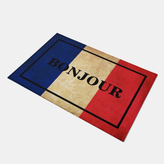 カスタマイズ可能なボンジュール文字オンヴィンテージフランス国旗 ドアマット (アングル)