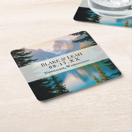 カスタマイズ可能なマウンテンレイク結婚イベントのコースター スクエアペーパーコースター (アングル)