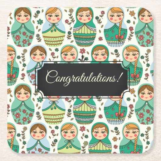 カスタマイズ可能なマトレシュカスクエア紙コースター スクエアペーパーコースター (正面)