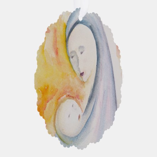 カスタマイズ可能なマドンナと子の水色 オーナメントカード (右)