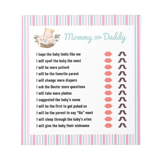 カスタマイズ可能なママまたはパパ赤ちゃんシャワーゲームパッド ノートパッド (正面)