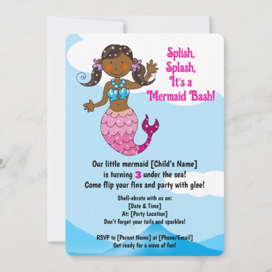カスタマイズ可能なマーメイド誕生日デザインダークヘア 招待状 (正面)