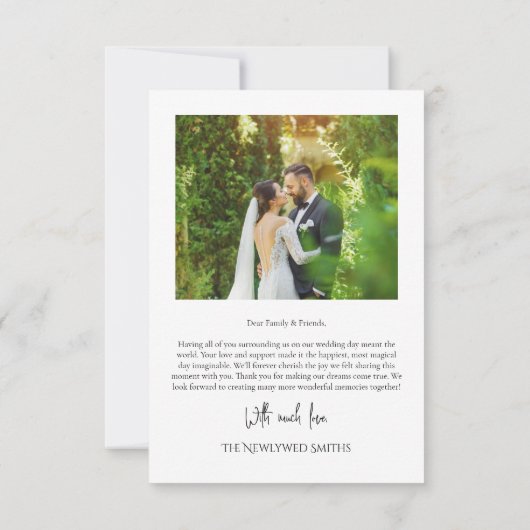 カスタマイズ可能なミニマル結婚リストスクリプトハートの写真 サンキューカード (裏面)