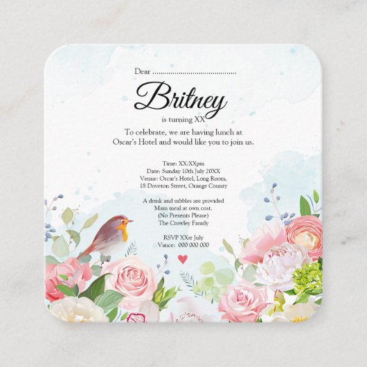 カスタマイズ可能なメス誕生日招待状 – 編集可能 エンクロージャーカード (正面)