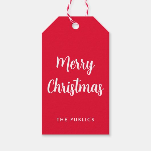 カスタマイズ可能なメリークリスマススクリプ赤と白ト ギフトタグ (正面)