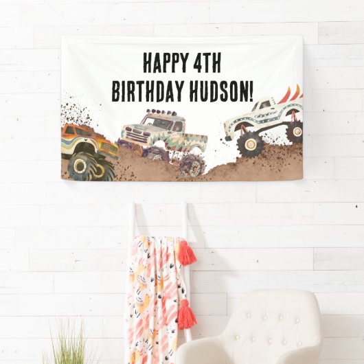 カスタマイズ可能なモンスタートラックボーイズ誕生日 横断幕 (インサイチュ)