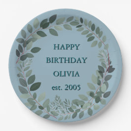 カスタマイズ可能なユーカリ水彩葉パステルブルー ペーパープレート