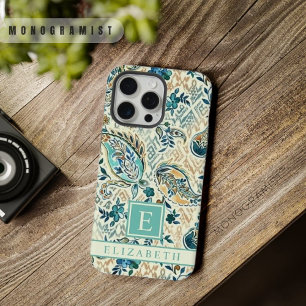 カスタマイズ可能なライトダークブルー白ペイズリーパターン iPhone 15 PRO MAXケース