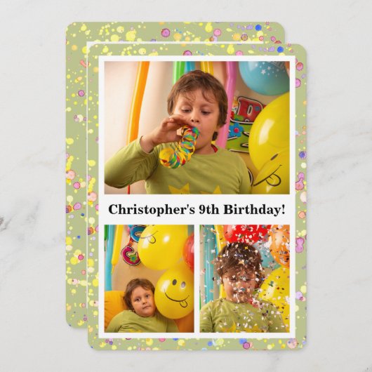 カスタマイズ可能なライムクリーム誕生日写真紙吹雪 招待状 (正面/裏面)