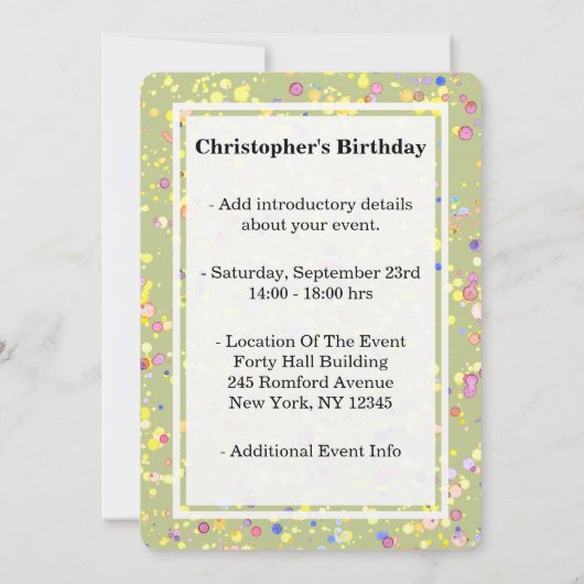カスタマイズ可能なライムクリーム誕生日写真紙吹雪 招待状 (裏面)