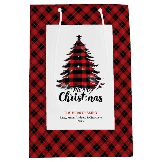 カスタマイズ可能なラスティックレッドブラックタータンチェッククリスマスギフトバッグ ミディアムペーパーバッグ (正面)