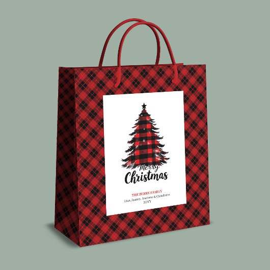 カスタマイズ可能なラスティックレッドブラックタータンチェッククリスマスギフトバッグ ミディアムペーパーバッグ